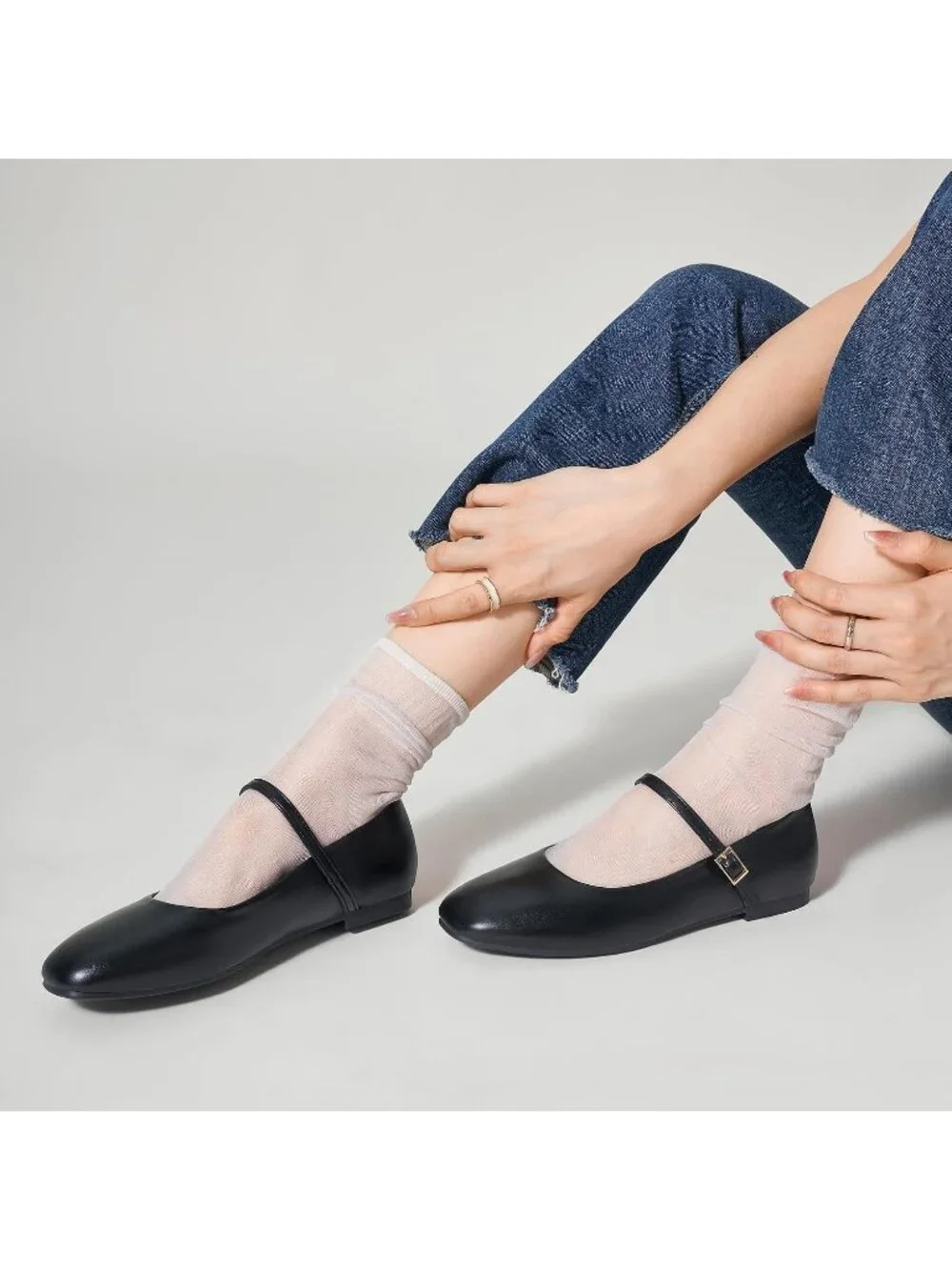 Women's Black Square Toe With Adjustable Buckle Strap Ballet Flat Slip On Shoes